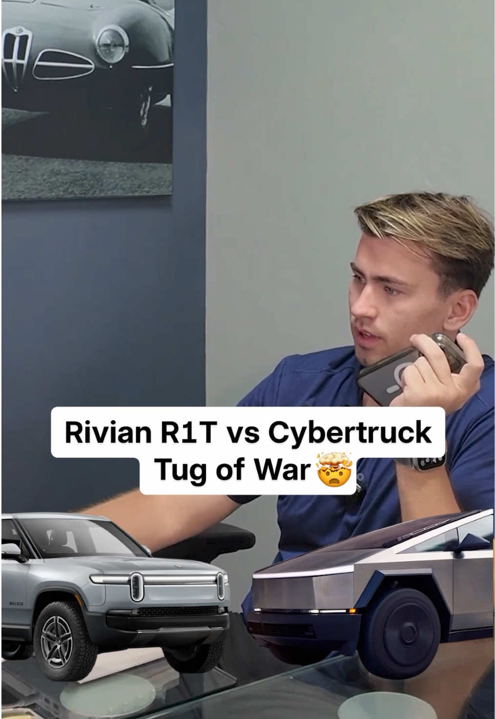 Who do you think wins? Rivian R1 T or Cybertruck — pick your fighter. #rivianr1t #cybertruck #tugofwar