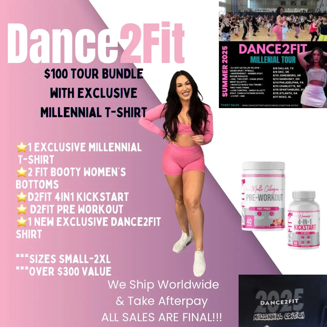 🚨🔥 THE ULTIMATE DANCE2FIT TOUR BUNDLE IS HERE!!! 🔥🚨 Y’all asked for it… so we made it BIGGER. BADDER. AND FULL of SURPRISES! 😍💃 We’ve got TWO 🔥$100 BUNDLE OPTIONS🔥 to choose from—both PACKED with insane value… but only while supplies last 😱👇 🎉 OPTION 1: $100 TOUR BUNDLE WITH EXCLUSIVE T-SHIRT ($300+ VALUE for just $100!) Includes: ✅ 1 Exclusive Millennial Tour T-Shirt ($40 value) ✅ 1 Full-size 4-in-1 Kickstart ($45 value) ✅ 1 Full-size D2Fit Fruit Punch Pre-Workout ($45 value) ✅ 1 Motivational Tee from our favorite sayings ($30 value) ✅ 2 Surprise Fit Booty Bottoms (ALMOST $140 value!!) ✨ This one’s for the real ones who wanna rock that limited-edition tour drip! 🔥 🎁 OPTION 2: $100 BUNDLE WITHOUT TOUR TEE ($370+ VALUE for just $100!) Includes: ✅ 5 Surprise Fit Booty Singles ($250+ value alone!) ✅ 1 Full-size 4-in-1 Kickstart ($45 value) ✅ 1 Full-size D2Fit Fruit Punch Pre-Workout ($45 value) ✅ 1 Motivational T-Shirt ($30 value) ✨ Perfect for those who want MORE gear & goodies in one epic surprise haul! 🛑 LIMITED SUPPLY — Once they’re gone, they are GONE. No restocks. No returns. FINAL SALE! 🌍 We ship WORLDWIDE 💸 We accept AFTERPAY so you can break it up & still snag the deal! 🎯 How to grab yours: 👉 Click the link in my bio & go to my website  👉 OR go to www.dance2fitwithjessicabass.com 👉 Tap “STORE” and GET YOURS NOW before they sell out! Tag your bestie and grab your bundles NOW—this is your sign! 💃🛍💥