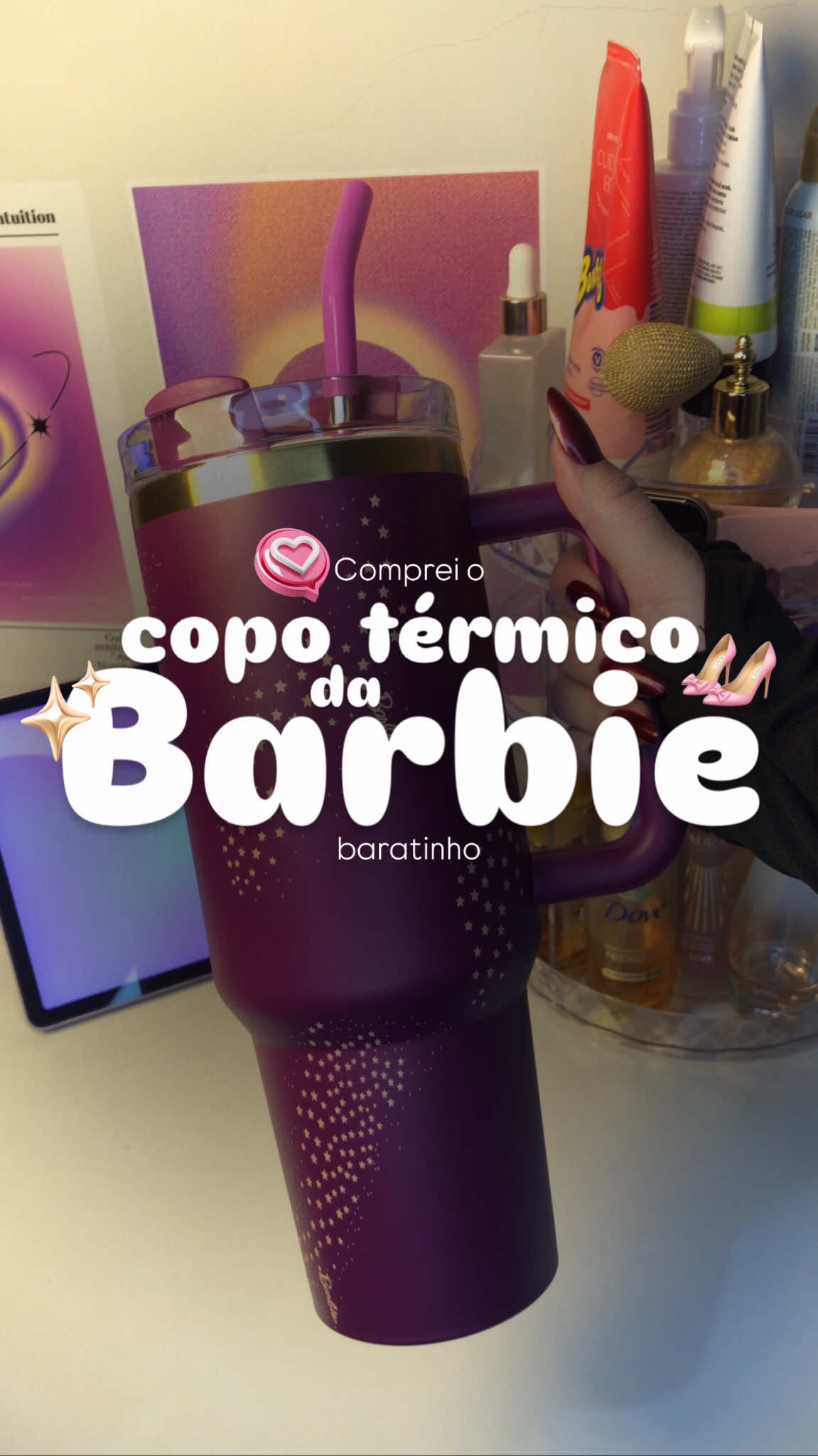 Esse copo térmico da Barbie é perfeito.🌸💖🛍️ #copotermico #barbie #stanley #fyp 