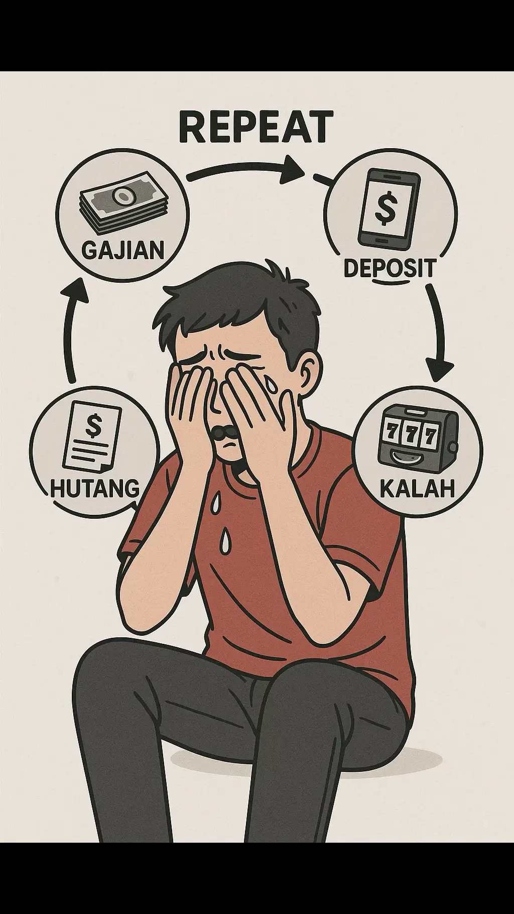 Dia menangis bukan karena kalah sekali. Tapi karena sudah berkali-kali mengulang siklus yang sama: Gajian → Deposit → Kalah → Hutang → Repeat. Bukan lagi soal uang, tapi harga diri, waktu, dan keluarganya yang ikut hancur. 📛 Jangan tunggu sampai hidupmu jadi lingkaran neraka seperti ini. 💔 Sadarlah. Hentikan sekarang. Demi dirimu, demi orang yang mencintaimu. #StopJudiOnline #AntiJudi #JudiMerusak #BahayaJudi #SayNoToJudi #JudiBikinMiskin #JudiOnlineBahaya #SadarkanDiri #LawanJudi #HidupTanpaJudi #AnakMudaBijak #KontenEdukasi #NasihatHidup #HidupSehatFinansial #KontenMotivasi #IngatAnakIstri #GajiBuatKeluarga #JanganTerjebak #FYP #ViralTikTok #KontenPositif #TikTokEdukasi