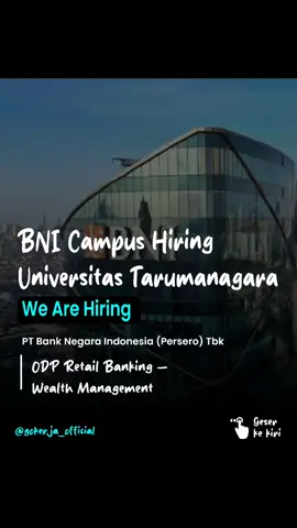Fresh graduate atau lulusan baru punya kesempatan  BNI Campus Hiring Universitas Tarumanagara ODP Retail Banking – Wealth Management General Qualifications : S1/S2 from reputable universities with relevant field of studies with the minimum GPA: S1 : 3.00, maximum age: 25 S2 : 3.25, maximum age : 28 Proficient in English and submit your score in the application TOEFL minimum 450 or equivalent. (We only accept score provided by official/authorized institution & valid) No member of nuclear family currently works in BNI (i.e.,parents, siblings) Single, never been maried, & willing to remain unmaried during the journey of this program Passionate and interested in becoming a financial advisor Info lengkap bisa cek di gokerja.id atau klik link bio ig ini NB: Proses rekrutmen TIDAK DIPUNGUT BIAYA APAPUN #gokerja #lokerfreshgraduate #MAGANG #bumn #infolokerbumn #lowonganbumn
