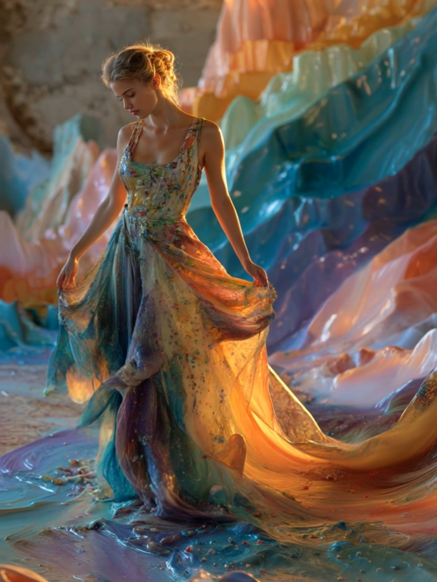 🎨✨ Living Canvases | Women in Flowing Paint Dresses 🖌️🌈 These fluid dresses are made of living paint and spill gracefully onto the floor - a surreal fusion of elegance and fluid beauty. #aiart #AIfantasy #TiktokMagic #fantasy #enchantedfantasies #fyp #magicmoments #magicalvibes