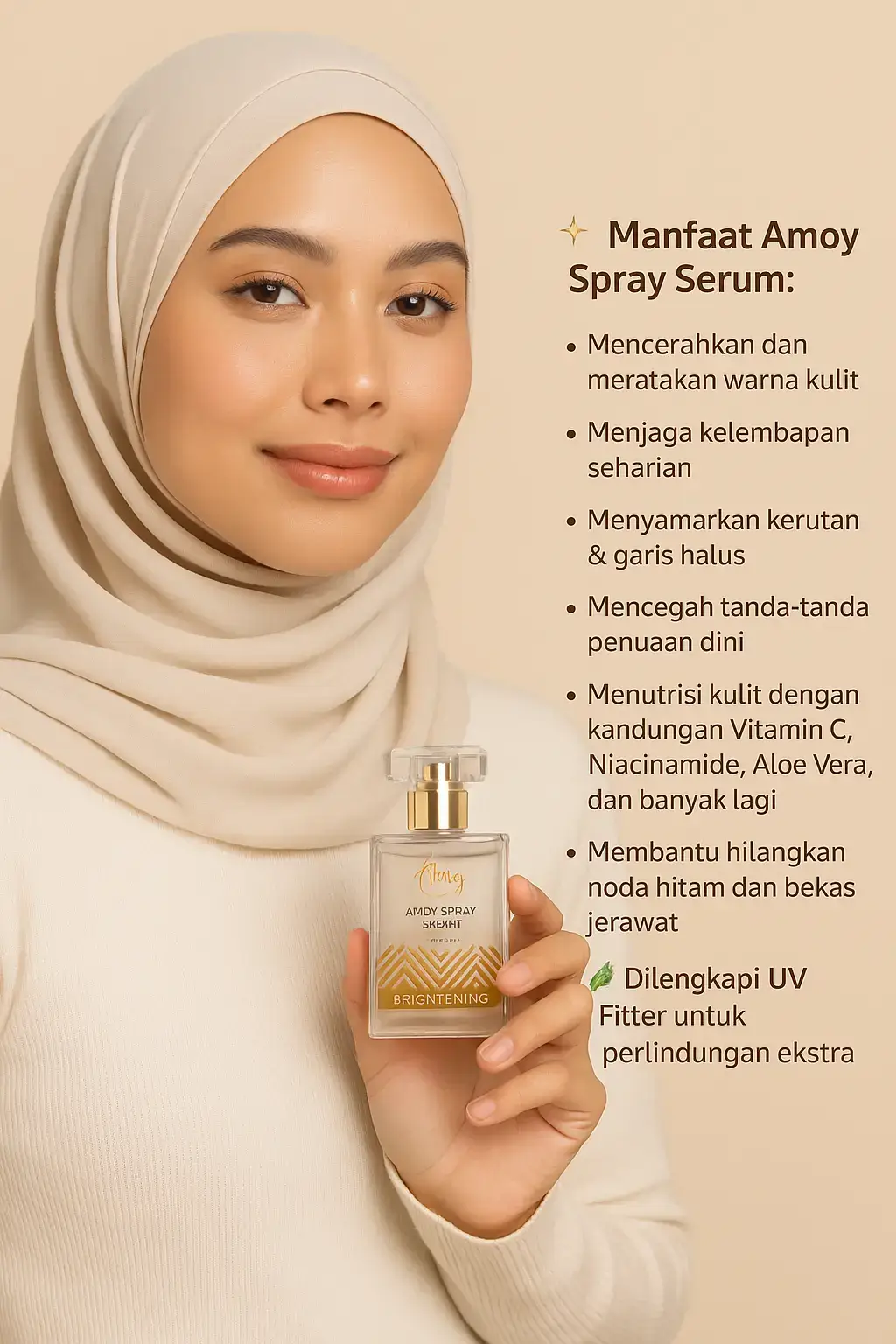 Semprot. Segar. Glowing. Kulitmu butuh sesuatu yang ringan tapi bekerja maksimal? Amoy Spray Serum hadir dengan kandungan aktif seperti Vitamin C, Niacinamide & Aloe Vera yang bantu: 🌿 Mencerahkan kulit 💧 Melembapkan seharian 🛡️ Melindungi dari polusi & sinar UV 💫 Menyamarkan noda & bekas jerawat Cukup semprot... dan kamu siap tampil glowing ✨ #SprayAndGlow #amoybeauty 
