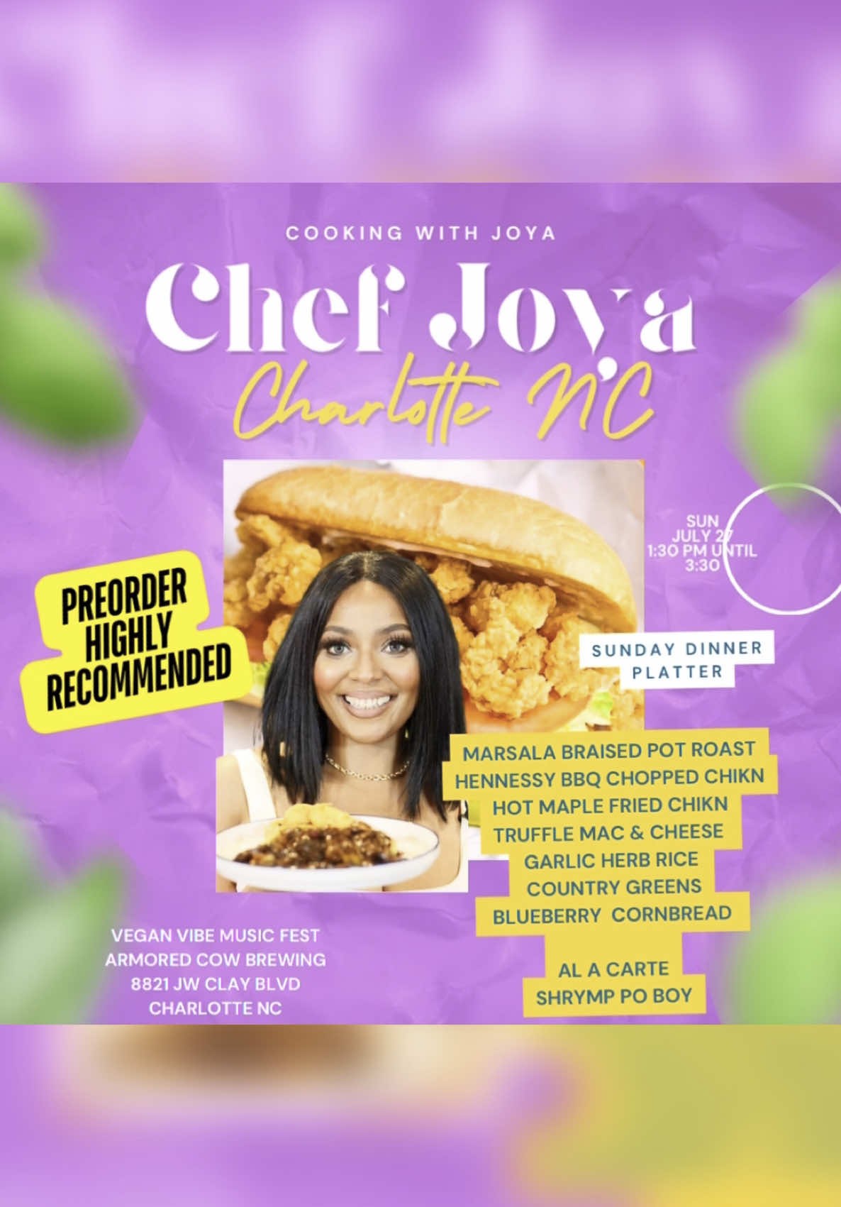 Looking for the best vegan soul food?? You just found it and it’s going down this Sunday at Vegan Vibe music series in Charlotte NC. Hennessy Chopped BBQ, Maple Fried Chikn, Shrimp Po boy, Baked Mac, Country Greens, Pot Roast and more! All made from plants..  #veganfoos #soulfood #chefjoya #sundaydinner