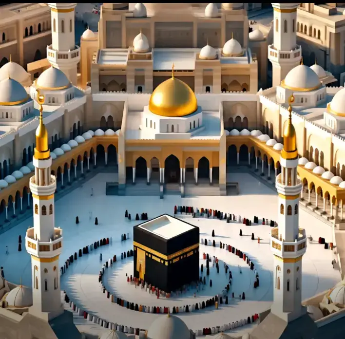 This image beautifully captures a stylized and artistic depiction of the Holy Kaaba in Masjid al-Haram, located in Makkah, Saudi Arabia. At the center is the sacred Kaaba, the holiest site in Islam, around which Muslims are shown performing Tawaf—the ritual of walking in circles around the Kaaba during pilgrimage. Surrounding the Kaaba is the grand mosque complex with its majestic minarets and graceful arches. The golden domes and white marble structure reflect Islamic architectural elegance. The image emphasizes unity, devotion, and the spiritual significance of the place, making it a powerful symbol of Islamic faith and pilgrimage.