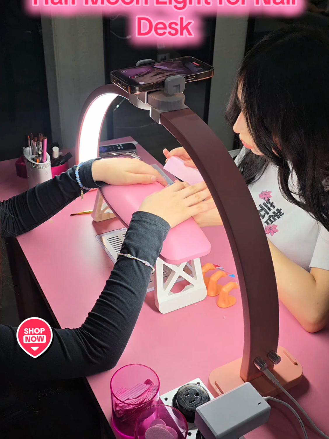 Luz de media luna para escritorio de uñas con soporte para teléfono, luz de media luna plegable de 28 pulgadas con diamante brillante, lámpara LED para arte de uñas, extensión de pestañas, tatuaje, #uñas #tatu #dealsforyoudays #backtoschool 