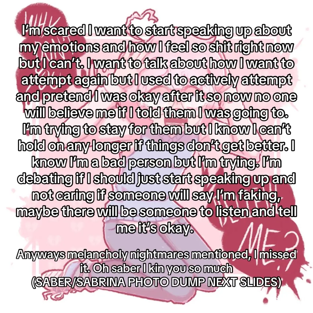 I miss being in a relationship with him it all hurts so much, I need to give him time I know,  I can’t help but love him. I’m a fucking freak. Why did I ever let him touch me in the first place. Why did I agree and allow him to do horrible things to me knowing that it was wrong. Hahaha kidding guys I’m okay. Okay? Are you okay? Go drink water okay ily bye  #pjsk #ventt #venttok #melancholynightmares #horrortok #pjskfyp #prodgekai #vrchat #obsessily #iguveuponlife 