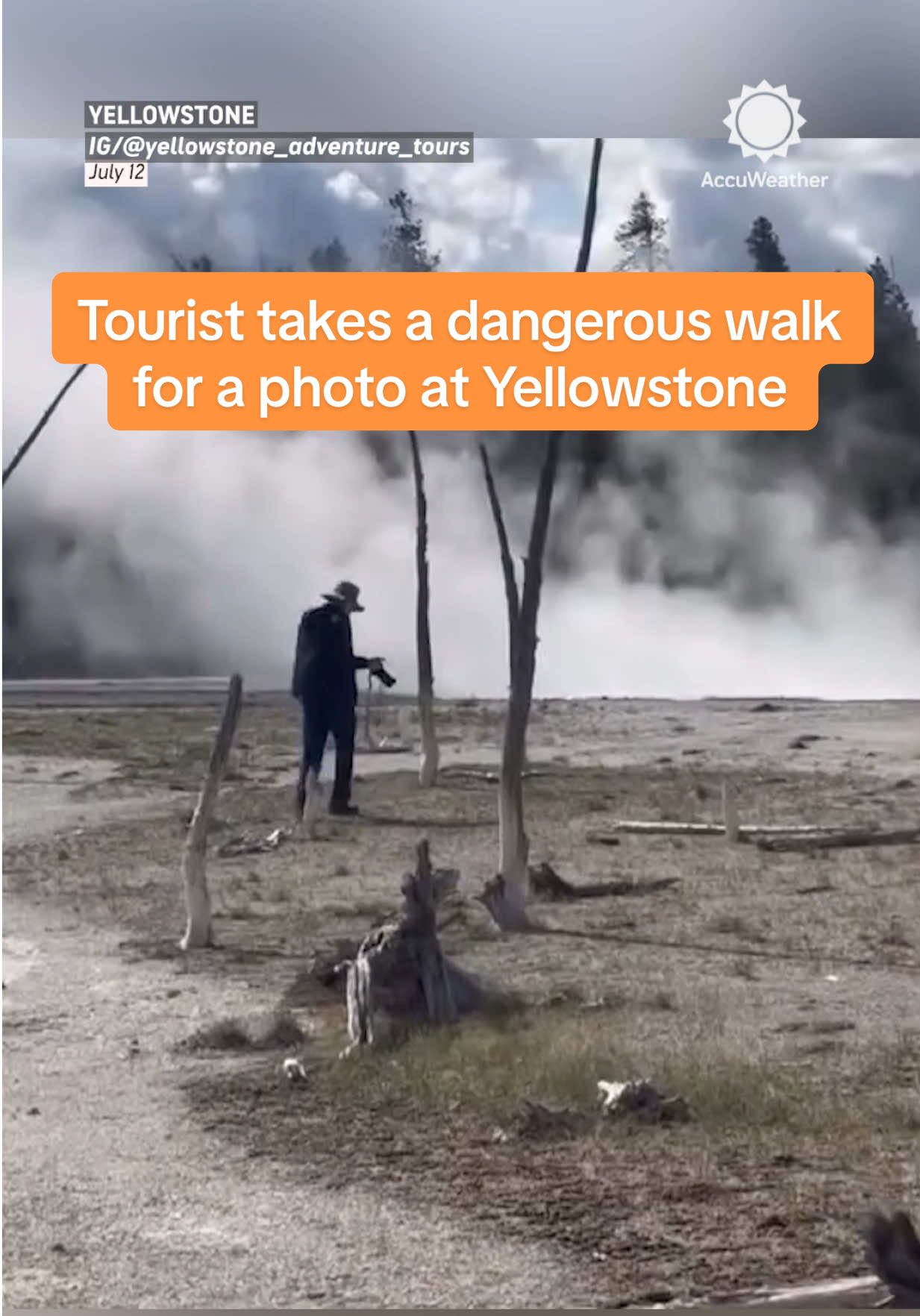 Caught on camera: a tourist ignores warning signs and walks into a dangerous thermal area at Yellowstone, risking serious injury for a closer shot. Never do this. #yellowstone #nationalpark #nature #photography #wyoming 