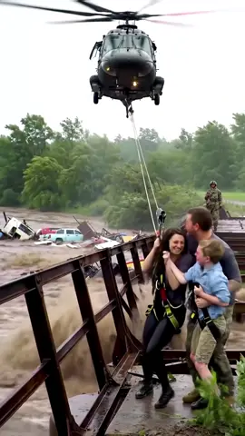 Seconds from Disaster Military Helicopter Rescues Family on Collapsing Bridge #disasterstrucks #flood #fyp #viral
