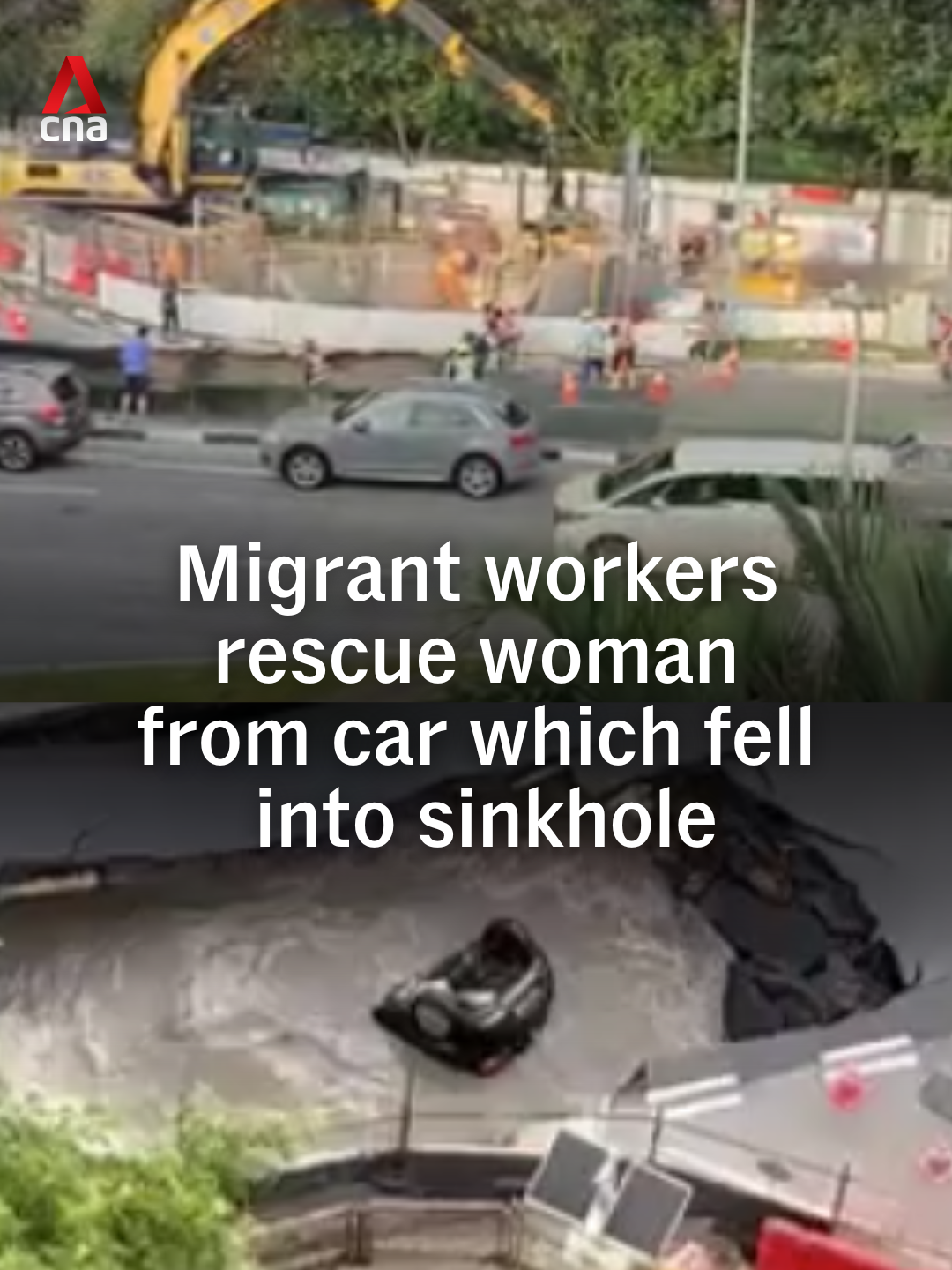 Footage has emerged of migrant workers rescuing a woman from a car that fell into a sinkhole after a portion of Tanjong Katong Road South caved in on Saturday (Jul 26). She was conscious when taken to a nearby hospital, said Mr Goh Pei Ming, MP of Marine Parade-Braddell Heights GRC. #singapore #sgnews