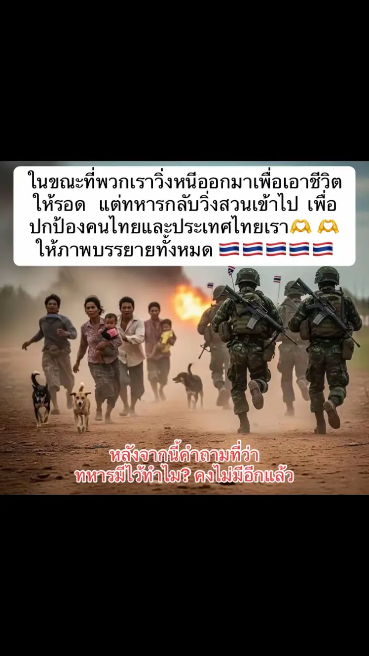 ในขณะที่เรากำลังหนี มีสามี มีลูกคอยปกป้องพาเราหนี แต่หันกลับไปมองเหล่าทหาร ครอบครัวของเขาต้องเข้มแข็งแค่ไหน ต้องช่วยตัวเอง เพื่อที่ให้สามีหรือลูกมารับใช้ชาติ #savethailand🇹🇭 #ทหาร 