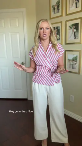 I love this wrap top for summer! It’s light weight and the stripes are too cute. #9to5style #summerworkwear #workwearinspo ##workwearstyle##officeoutfit##businesscasual##businesscasualoutfits