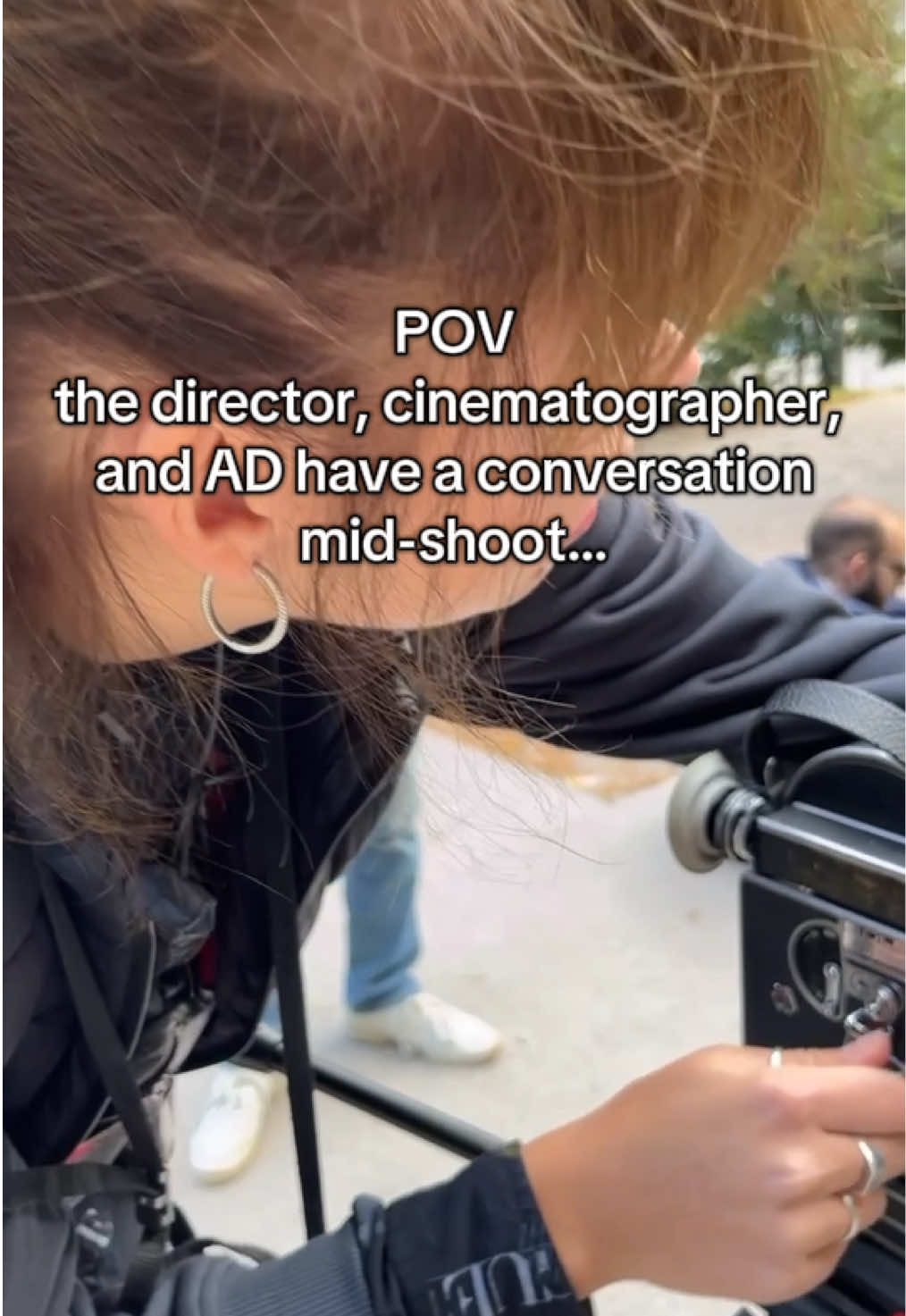 classic dynamic between the cinematographer, director, and AD, am I right? #cinebabes #cinematography #femalefilmmaker #camerateam #femalecamerateam #set #filmmaking #bolex #femalecameraoperator #cinematographer #DoP #film #setlife #1stac #gaffer #16mmfilm #camera #creative 