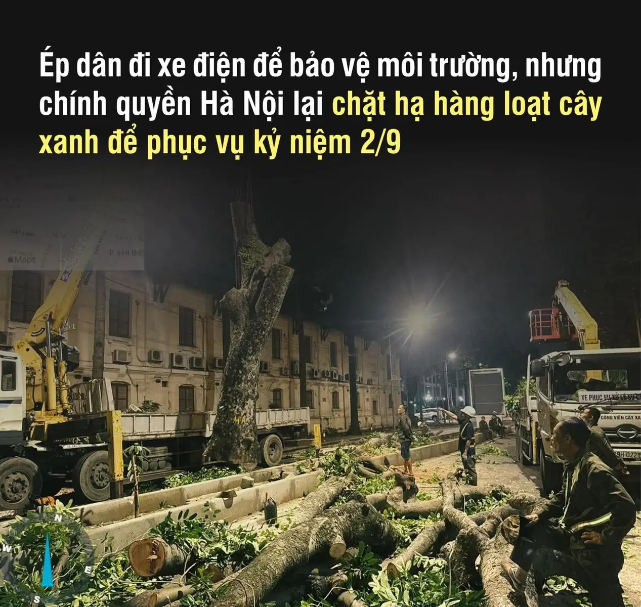 NGHỊCH LÝ Ép dân đi xe điện để bảo vệ môi trường, nhưng chính quyền Hà Nội lại chặt hạ hàng loạt cây xanh để phục vụ kỷ niệm 2/9. #chính trị#xh #vn #xu hướng#tiktok 