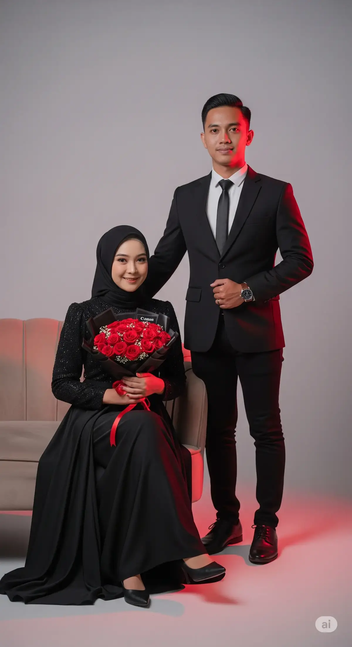 Cocok nih sama pasangan kalian dengan tema konsep kaya gini, kalian mau order? dm aku ya🤩 #foryourpage #geminiai #fotostudiorealistis #fyp #trending #fotopasanganpakebajuhitam 