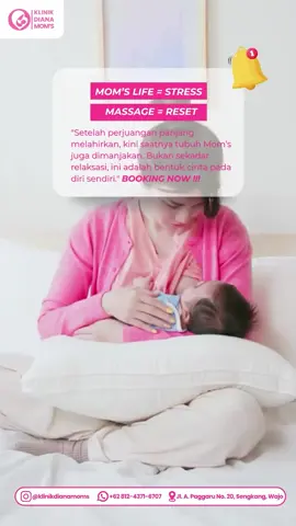Setelah perjuangan melahirkan, tubuh Mom's juga butuh dimanjakan 💖 Pijat nifas di Klinik Diana Mom’s bantu ibu pulih lebih cepat, kurangi pegal, lancarkan ASI, dan bikin hati lebih rileks. Karena merawat diri juga bagian dari mencintai si kecil. 🌸 Yuk, booking sekarang! #PijatNifas #KlinikDianaMoms #MomCare #PerawatanIbu 