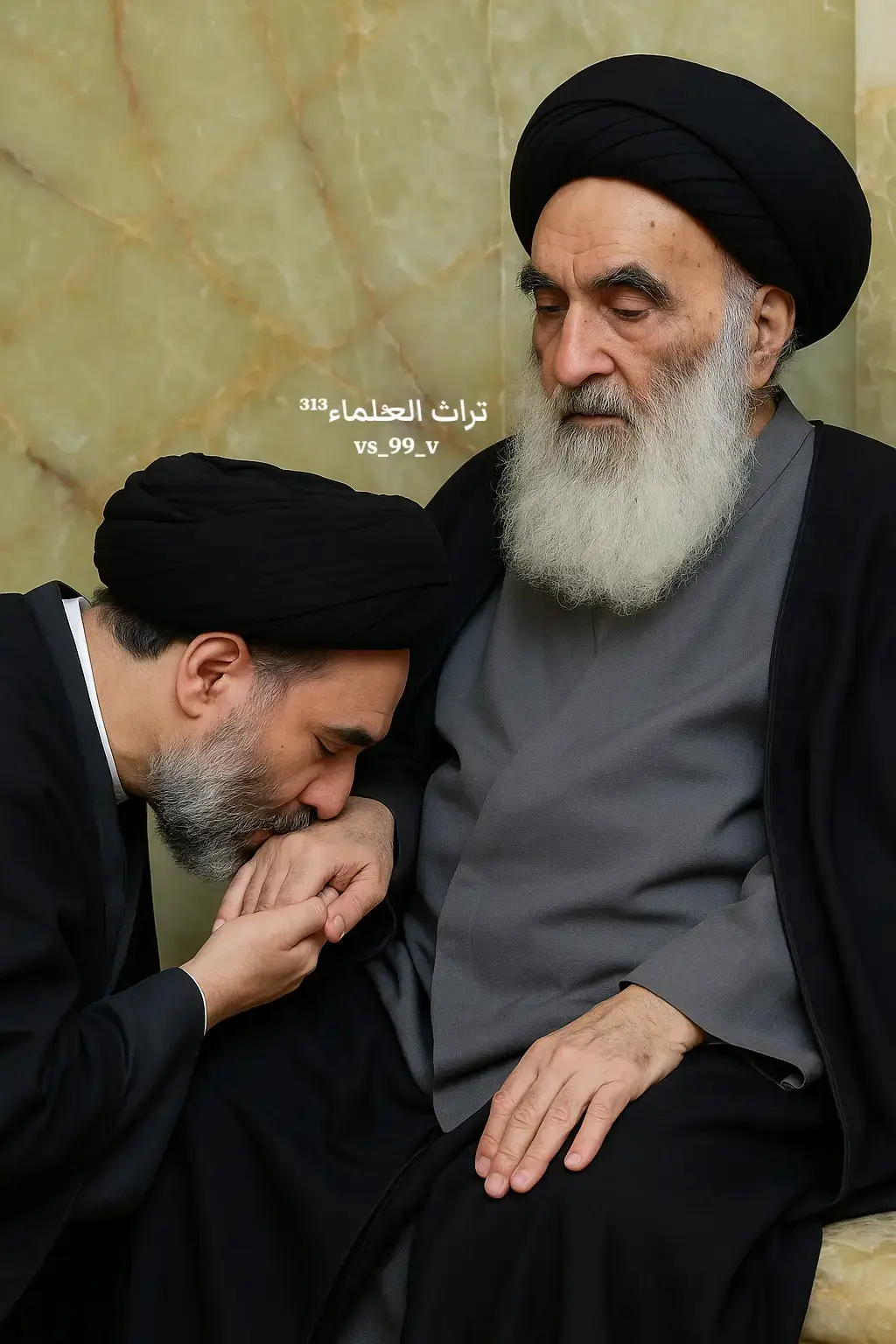 الصورة بالذكاء الاصطناعي #السيد_علي_السيستاني  وابنه #السيد_محمدرضا_السيستاني 