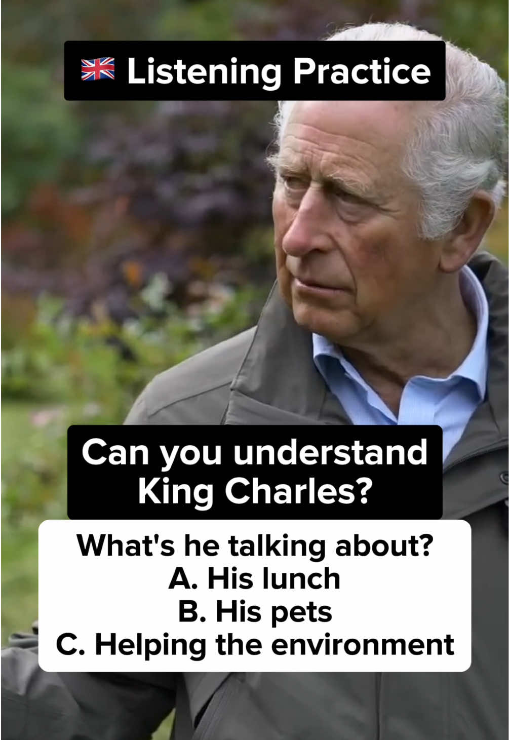 Answer and script below ↓ “For years, I’ve… I haven’t eaten meat and fish on 2 days a week. If more did that, you would reduce a lot of the pressure on the environment and everything else” So the correct answer is C - Helping the environment :) #englishlistening #learnenglish #speakenglish #britishaccent #britishenglish 
