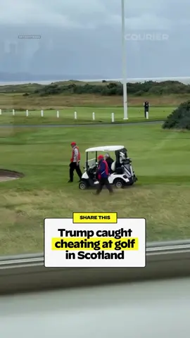 Trump’s caddy was seen sneakily dropping a ball from his pocket onto the course for Trump to play during his golf outing in Scotland.