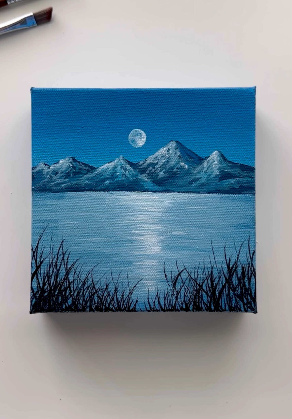 Moonlit Stillness 🌙✨🌔 Original acrylic painting on a 6x6 gallery-wrapped canvas 🌊 . . . . . . . . . . . . . . . . . . . . . . . . . . . #acrylicpainting #art #landscapepainting #artok #fypシ #mountain #creative 