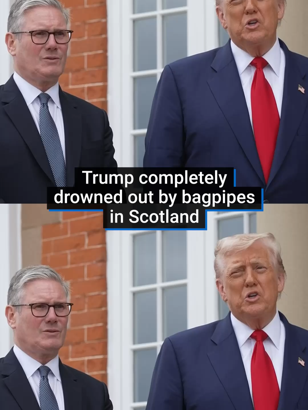 Trump is meeting with the British prime minister in Scotland, but no one can hear a word of what he's saying... In this clip, he was asked about recognising the Palestinian State, answering that he wasn't going to take a position but he's looking 'for getting people fed'. #turnberry#scotlandtiktok#keirstarmer#worldleaders#politicstiktok