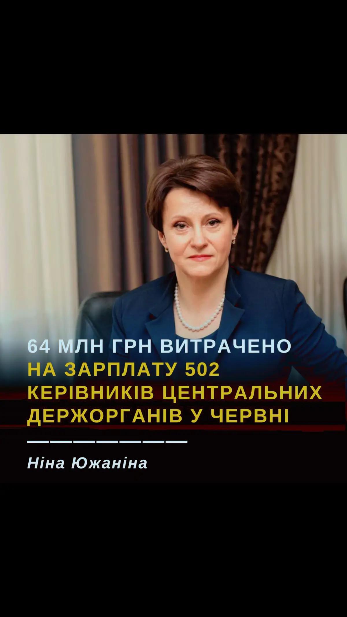 64 млн грн витрачено на зарплату 502 керівників центральних держорганів (без врахування сектору безпеки і оборони) у червні - нардепка Ніна Южаніна ТОП-5 центральних органів по зарплатам керівництва у червні: • НАЗК - 245,6 тис. грн; • Центральна виборча комісія - 206,4 тис. грн; • Рахункова палата - 202,9 тис. грн; Державне космічне агентство - 193,2 тис. грн; Національна комісія, що здійснює регулювання у сферах енергетики та комунікацій —191 тис.грн