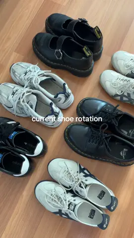 my current shoe rotation !! looking to buy a pair of flats next ^3^ #shoerotation #shoes #newbalance #docmartens #adidas #onitsukatiger #everydayshoes 