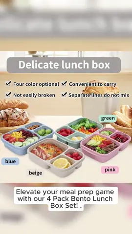 4 Pack Bento Lunch Box Set 3 Compartment Food Storage Containers Wheat Straw Meal Prep Lunch Box Plastic Food Storage Containers, Microwave and Dishwasher Safe (light colour) 
