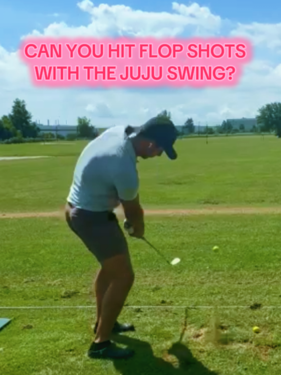 👇LEARN THIS SHOT👇 I think what surprises people the most when they fully learn our swing is the versatility. you can hit any ball flight you want and any shot you want by adjusting path and release. pretty neat. Alex learned how to hit a mega flop shot today. here's how. 1. open club face at setup. 2. fan face open goin back while maintaining Juju form. 3. come in very shallow (not steep)  I call it chasing the turf for 8 inches before and after the ball. 4. put the right blinker on post impact with your right hand and make sure that face never turns over 5. have a ton of speed thru the ball! join us at thejujuswing.com TODAY! #golfswing #golf #thejujuswing #flopshot