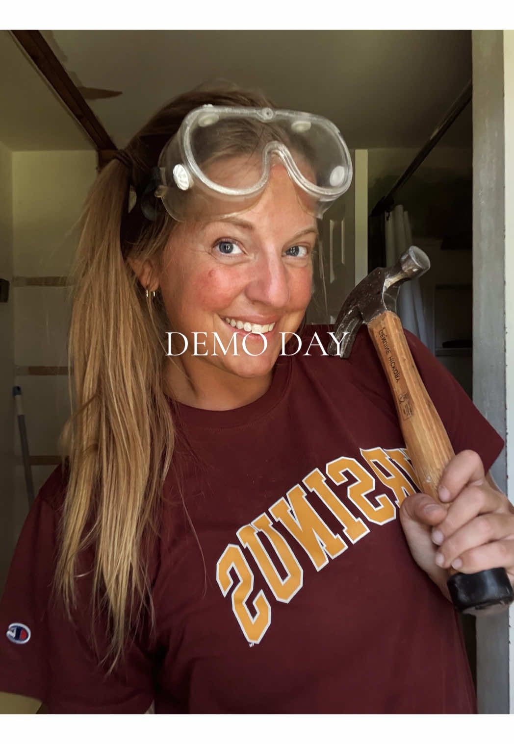 Who needs a man for demo day? Not me… until I had 47 questions. Tearing it down myself (with only a few consults from my husband) lol You should have seen me try to carry the trash bags of floor tile downstairs.  #denmoday #diyhomeprojects #lowespartner #homeproject #homerenovation #wifelife #womenwhobuild #bathroommakeover #fixityourself #bathroomremodel #marriedlife 