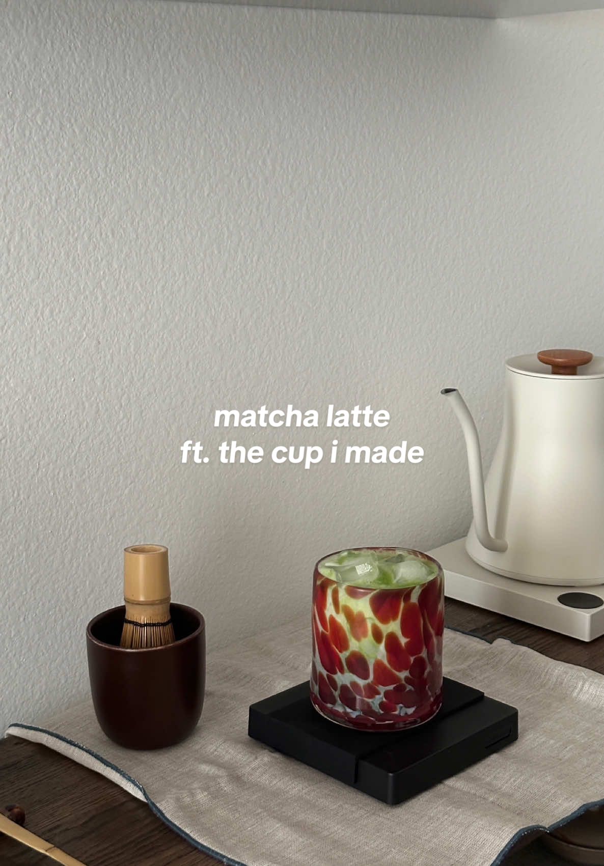 first look at our matcha bar we built this past weekend! 🍵  ft. the cup I made in our glass blowing class a month ago!  #matchabar #matcharecipe #apartmentinspo #cozyvibes #matchalatte #homedecor 