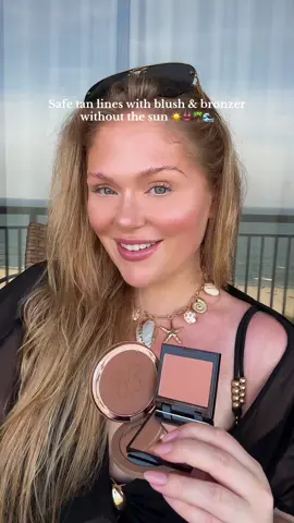 Safe tan lines using blush and bronzer for the ultimate summer makeup look! Saw @Erin Dugan Jurchak do this and had to try myself and love the way it looks! #tanlines #makeup #makeuptutorial #beautyhacks #summermakeup #SummerBeauty 