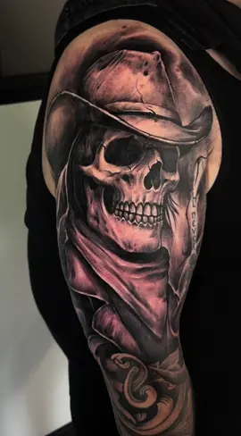 Had the last session on my “Western Death” sleeve today. Still a little red but love how it turned out.  Artist: @erisqesari  #fyp #foryoupage #foryou #tattoo #western #skulltattoo #skull #tattootiktok #venturetattoo 