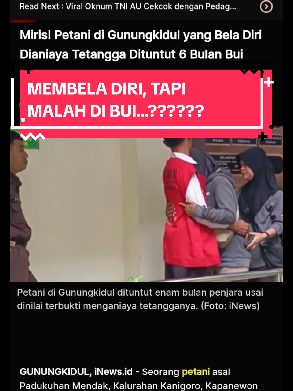 GUNUNGKIDUL, iNews.id - Seorang petani asal Padukuhan Mendak, Kalurahan Kanigoro, Kapanewon Saptosari, Kabupaten Gunungkidul, berinisial RAT, dituntut hukuman enam bulan penjara. RAT didakwa menganiaya tetangganya SUG hingga luka-luka.  Dalam tuntutannya, jaksa penuntut umum (JPU) menyatakan RAT terbukti melanggar Pasal 351 ayat (1) KUHP tentang penganiayaan. “Menuntut terdakwa RAT dengan pidana penjara selama enam bulan, dikurangi masa tahanan yang telah dijalani,” kata JPU dalam sidang di Pengadilan Negeri Wonosari, Senin (28/7/2025).  Selengkapnya baca berita di :  https://yogya.inews.id/berita/miris-petani-di-gunungkidul-yang-bela-diri-dianiaya-tetangga-dituntut-6-bulan-bui #sekilasgunungkidul #sekilas_gunungkidul #gunungkidul #GUNUNGKIDUL #kriminal 