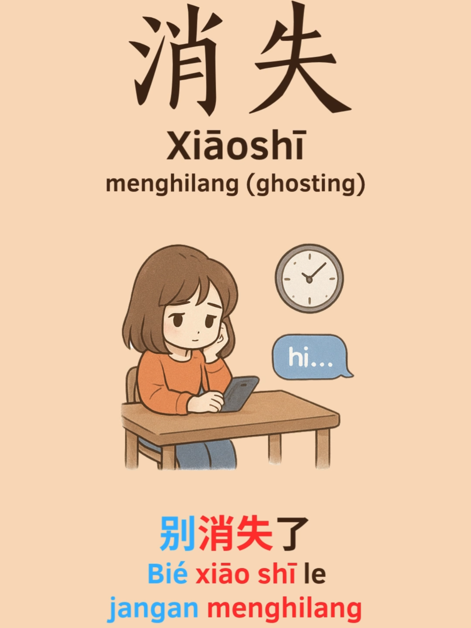 消失 (xiāoshī) → menghilang 🥀 别消失了 Artinya: Jangan menghilang lagi. 🔍 Penjelasan per kata: 别 (bié) → jangan 消失 (xiāoshī) → menghilang 了 (le) → partikel penegasan/perubahan keadaan ✨ Kalimat ini sering dipakai kalau kamu rindu seseorang yang tiba-tiba ghosting. 😢 #belajarbahasamandarin #mandarinseharihari #bahasamandarin #satu_hari_satu_kata #belajarmandarinonline #belajarmandarin #belajaronline #kelasgratis #dramabox #drachin #MandarinUntukPemula #belajar #belajarbareng #belajarditiktok
