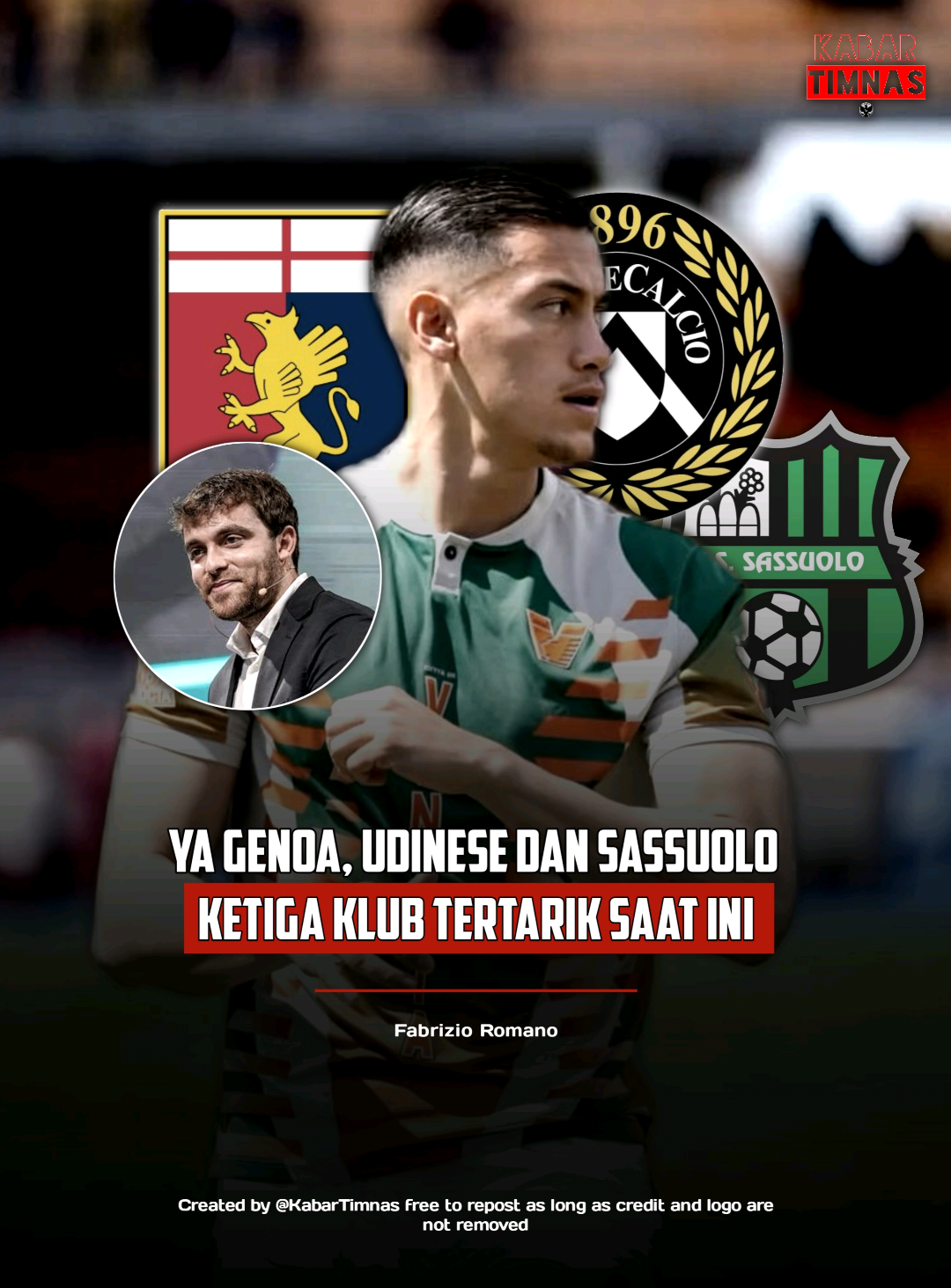 Breaking News 🚨 3 klub asal italia dikabarkan berminat untuk mendatangkan Jay idzes. 👀  berdasarkan informasi wawancara dengan fabrizio romano dari Youtube @hanifthamrin  3 klub italia Genoa, Udinese, dan Sassuolo dikabarkan berminat dengan Jay Idzes. 🇮🇩  : 