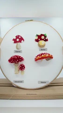 4 levels of mushroom embroidery. Which one is your favourite? I’m going to release new limited embroidery artwork based on these mushrooms, launching this Friday! 🍄 #embroidery #mushroom #3dembroidery #handembroidery #modernembroidery 