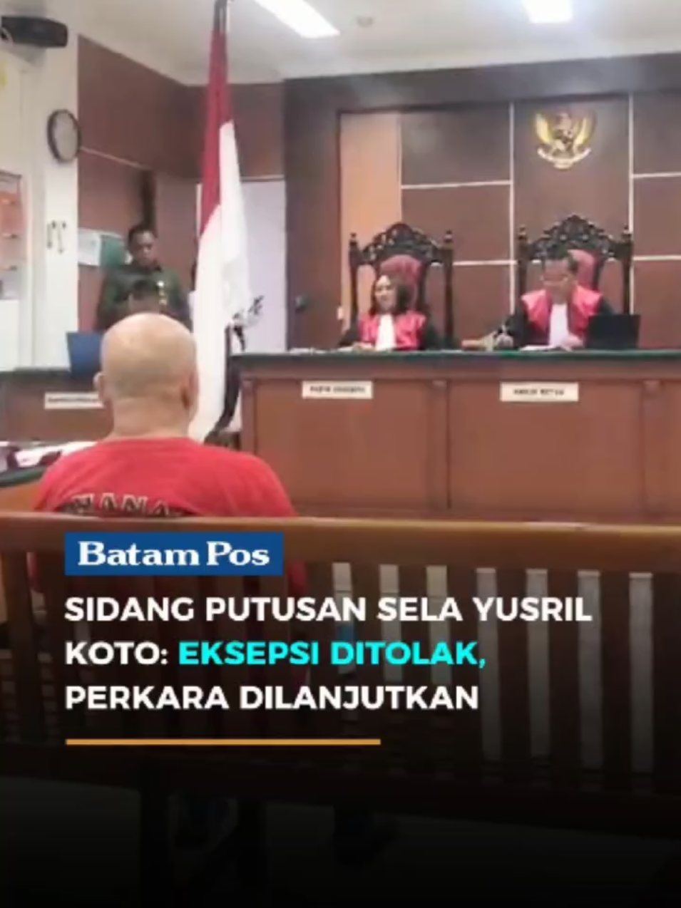 Pengadilan Negeri Batam menggelar sidang pembacaan putusan sela atas terdakwa Yusril Koto dalam perkara dugaan pencemaran nama baik melalui media sosial, Selasa (29/7). Dalam sidang yang dipimpin Ketua Majelis Hakim Wattimena, majelis menolak eksepsi atau nota keberatan yang diajukan tim penasihat hukum terdakwa. 