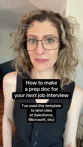 Don’t go into a job interview  cold! This is my step-by-step look at what goes into my personal job interview prep doc.  Interviewing is a SKILL. So I always recommend practicing interviewing *before* you need a job, if you get the opportunity. Even if you think it’s not the perfect fit, what do you have to lose? Your career growth will thank you! #jobadvice #corporatelife #careertips #career #jobinterviewtips 
