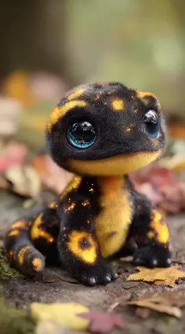 Ein ultra-flauschiger Feuersalamander, hamsterklein und mit samtigem schwarz-gelbem Fell, krabbelt flink durchs herbstliche Laub. Seine riesigen, glänzenden Beanie-Boo-Augen in leuchtendem Blau strahlen vor Neugier. Außerhalb des Bildes holt er eine wunderschöne Blume mit dem Mund, legt sie vorsichtig in die Bildmitte und schaut dann mit einem süßen, schüchternen Lächeln direkt in die Kamera. #fluffyfriends #cute #cuteanimals #salamander #forestmagic