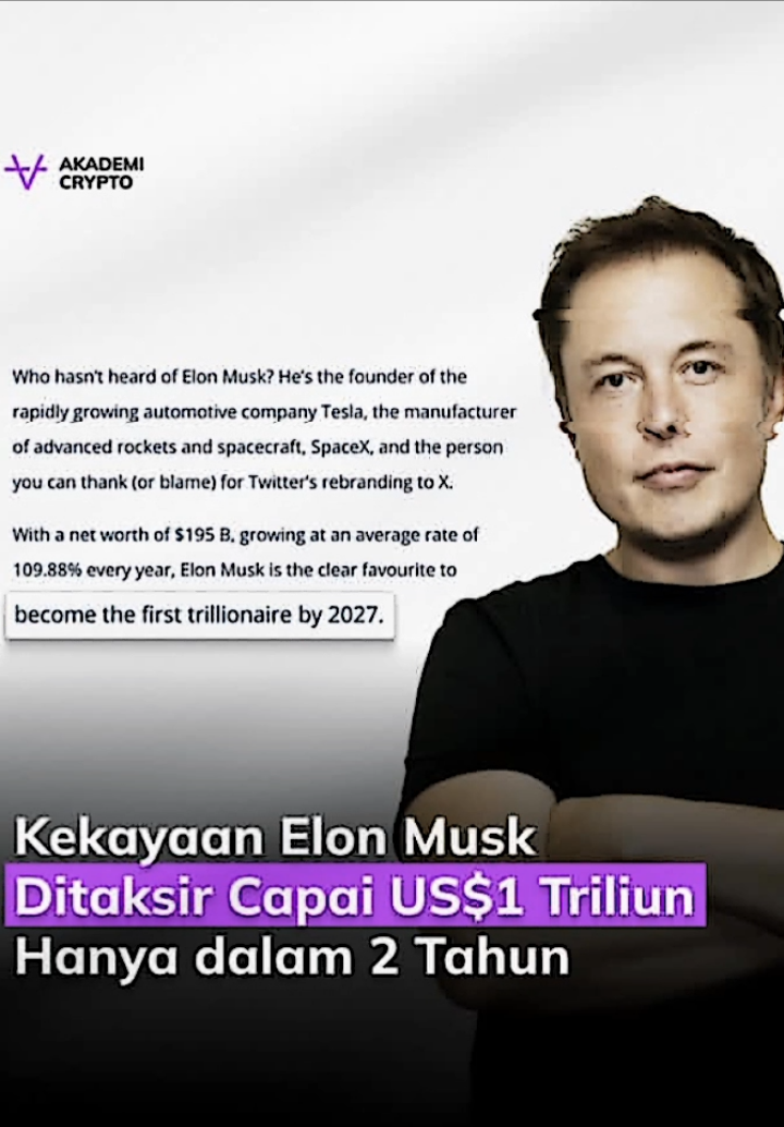 Elon Musk, CEO Tesla, SpaceX & xAI, saat ini menjadi orang terkaya di dunia dengan kekayaan antara US$342–423 miliar (Forbes / Bloomberg 2025)  . Menurut Informa Connect Academy, kekayaan Musk tumbuh sekitar 110% per tahun secara rata-rata, yang bisa membuatnya menjadi triliuner dunia pertama pada tahun 2027  . Kenaikan ini didorong oleh valuasi Tesla, SpaceX, dan xAI (gabungan dengan X Corp.) serta dampak kebijakan deregulasi ekonomi dari pemerintahan saat ini yang menguntungkan sektor teknologi besar  . Jika pola pertumbuhan ini konsisten, Musk bisa melewati US$1 triliun kekayaan dalam waktu kurang dari 3 tahun dari saat ini. Beberapa analis juga menyebut bahwa Mark Zuckerberg, Jensen Huang (NVIDIA) dan Gautam Adani berada di belakang Musk dengan proyeksi mencapai trillionaire antara 2028–2030   Slide 1: Potret Elon Musk & angka kekayaan Forbes / Bloomberg 2025: US$342–423 miliar Slide 2: Prediksi Informa Connect Academy → Menjadi trillionaire pada 2027 Slide 3: Driver utama: (1) kenaikan valuasi Tesla/SpaceX/xAI (2) deregulasi & trend investasi teknologi Slide 4: Ranking pesaing: Zuckerberg, Jensen Huang, Adani Slide 5 CTA: “Cuma tinggal jalan beberapa tahun, Musk ke US$1T. Kalian tim hold atau reset goal?“ “Elon Musk Bakal Jadi Triliuner Dunia Pertama di 2027? 💸🚀” > Elon Musk sekarang kekayaannya udah antara US$342–423 miliar, dan analis proyeksi dia bisa tembus 1 triliun dollar di tahun 2027! 🔹 Kekayaannya tumbuh ±110% tiap tahun 🔹 Didukung Tesla, SpaceX, xAI & kebijakan deregulasinya 🔹 Pesaingnya seperti Zuckerberg & Jensen Huang pun posisinya hanya di belakang Lo pikir Musk bisa capai itu? Atau ada yang malah berpotensi lebih cepat? #ElonMusk #Trillionaire2027 #BillionaireGrowth #Tesla #SpaceX #xAI #CryptoVision    