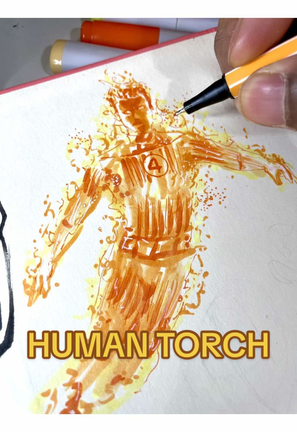 Human Torch was the most fun to draw so far! I thought Joseph Quinn did a fire job! #johnnystorm #comicart #fantasticfour #inksketch #copicmarkers 