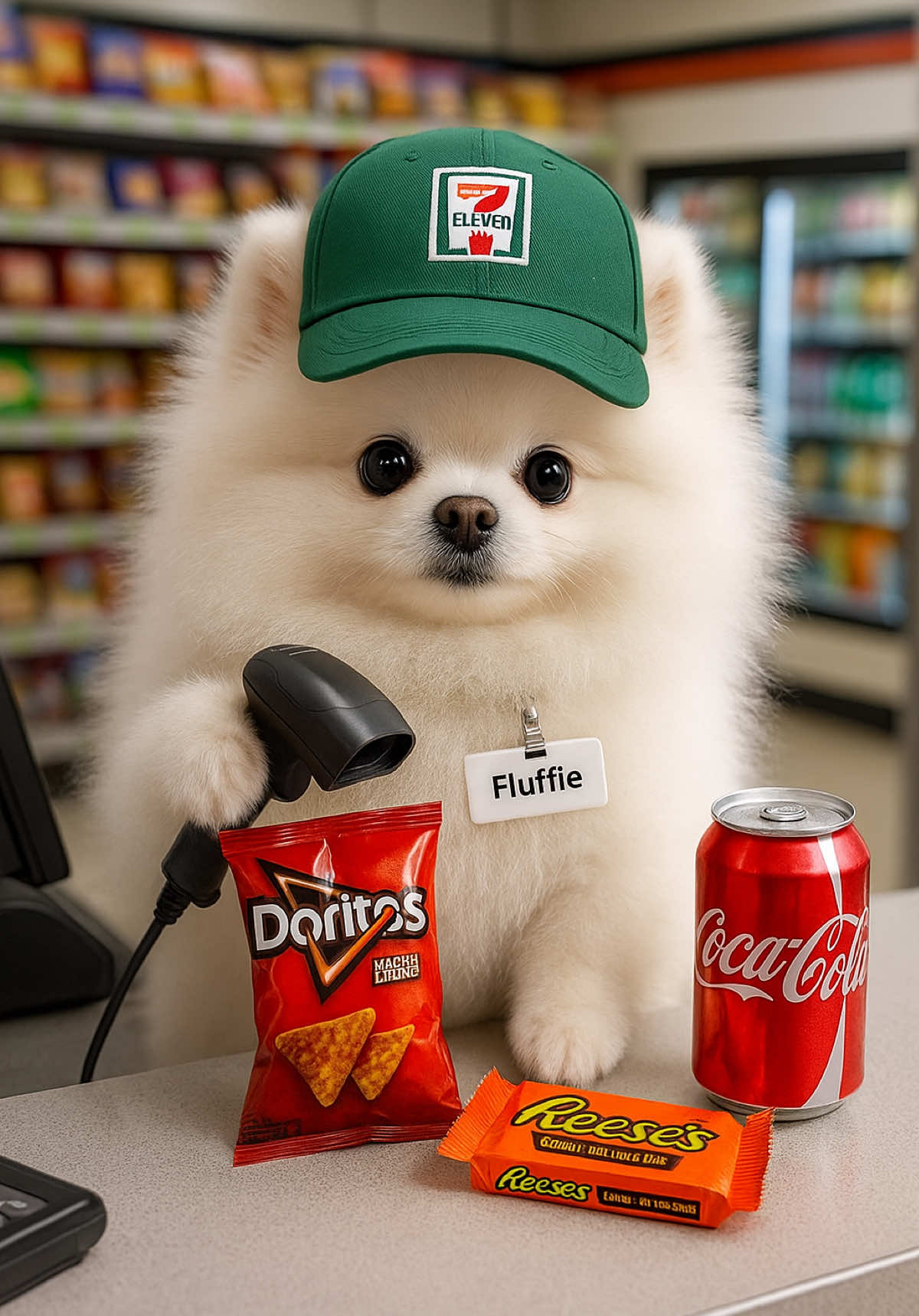A Puppy Working at 7-Eleven🐾 Fluffie’s first shift… and all the hot dogs are gone 😅🌭 @7-ELEVEN  #Pomeranian #puppy #pomeranianpuppy #cutedog #Fluffie #Fluffie_The_Pom #funnydog #dogatwork #workingdog #7Eleven
