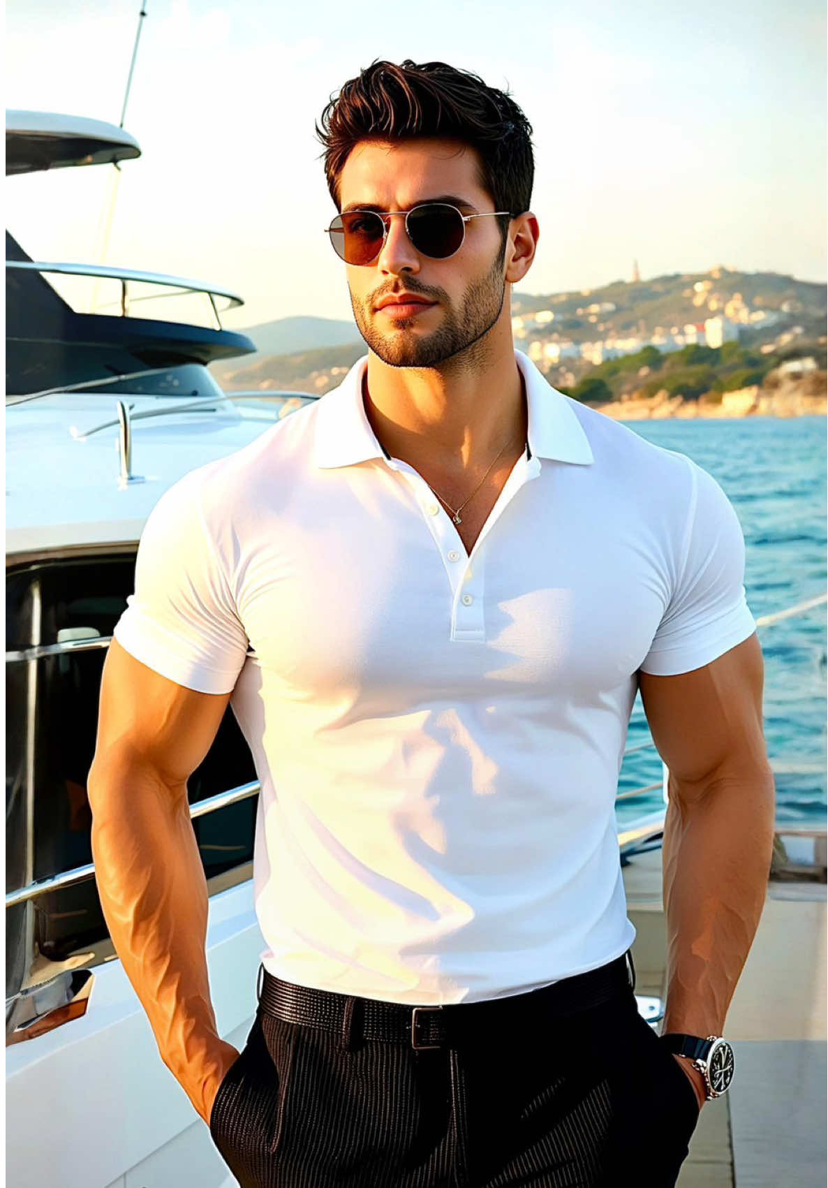 Some sunsets aren’t made to be watched alone. #hotguy #handsomeman #yachtlife #malemodel #menstyle #sunsetvibes #goldenhour 