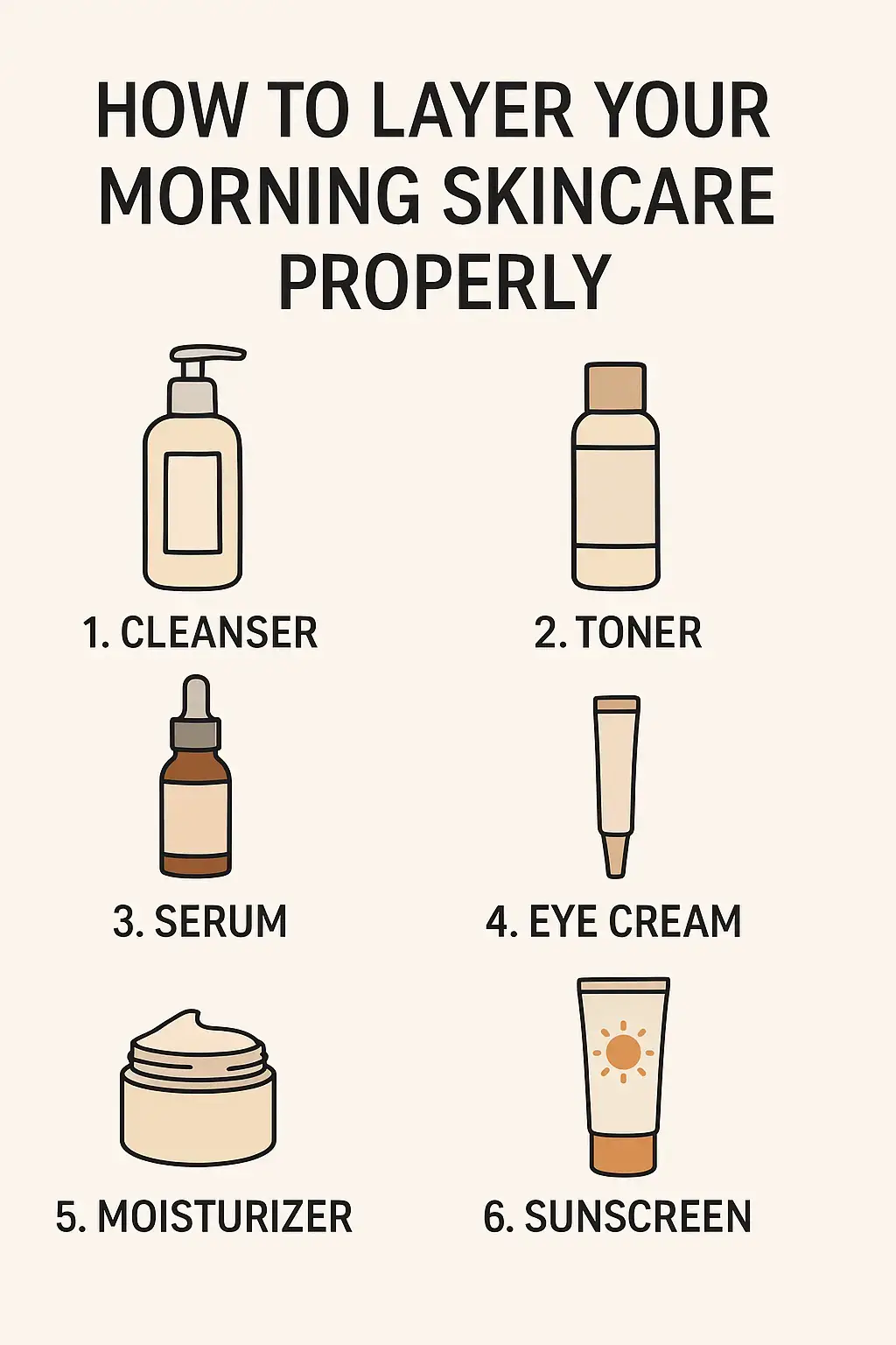 1. Cleanser. Start with a gentle cleanser to remove overnight buildup and prep your skin. 2. Toner. Apply toner to balance your skin’s pH and hydrate. 3. Serum. Use a serum targeted to your skin concerns, like brightening or hydration. 4. Eye Cream. Dab a small amount around the eyes to reduce puffiness and fine lines. 5. Moisturizer. Lock in moisture to keep skin plump and soft all day. 6. Sunscreen. Always finish with SPF to protect your skin from harmful UV rays. #skincare #skincaretips #skincareroutine #skincareorder #glowingskin #fyp #fy