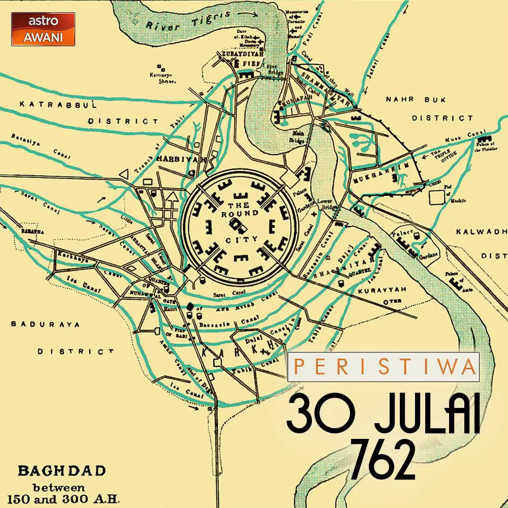 Hari ini 1,263 tahun yang lalu, kota Baghdad diasaskan sebagai pusat pemerintahan Empayar Abbasiyah. Dinamakan Madinah as-Salam, ia direka oleh Khalifah Abbasiyah ke-2, Al-Mansur dalam bentuk bulatan berdiamater 2.7km & mempunyai 3 lapisan tembok berketinggian 80 kaki. Maka ia juga masyhur dengan panggilan ‘Kota Bulat’. Ada 4 pintu masuk utama yang dihubung dengan jalan lurus menuju ke tengah kota di mana masjid dibina. Di sepanjang sisi jalan utama tersebut adalah bazaar para peniaga & lorong-lorong kecil di celahnya membawa ke kawasan perumahan serta dataran. Ia dibina di lokasi yang sangat strategik - di tebing Sungai Tigris dekat dengan laluan dagang utama, beriklim sederhana & topografi yang landai. Faktor-faktor ini menjadi pemangkin perkembangan kota Baghdad menjadi kota tumpuan. Tatkala Baghdad menjadi hab perdagangan dunia Islam, di mana berlaku pertembungan budaya, pertukaran ilmu dengan buku, bahasa & kepercayaan, membentuk kota kosmopolitan yang berkembang menjadi pusat pengajian dunia. Sekolah Hanafi dibina sebagai sekolah perundangan terbesar dunia Islam & Baitul Hikmah ditubuhkan untuk menterjemah teks dari seluruh dunia, memacu peradaban kota itu. Baghdad bertanggungjawab membawa Islam ke zaman kegemilangannya. Di kemuncak zaman emas Baghdad, dianggarkan lebih sejuta orang mendiami kota ini & sekitarnya. Kepesatan segenap aspek jasmani & rohani kota ini mengangkatnya sebagai pusat dunia pada kurun ke-8 & ke-9. Namun, perang saudara yang menyaksikan pembunuhan Khalifah Al-Amin oleh abang tirinya Al-Ma’mun untuk merampas takhta pada 813 menjadi permulaan kepada kejatuhan panjang Baghdad, yang turut dihimpit kebangkitan kuasa Buyid Iran & Seljuk Turk. Akhirnya pada 1258, kota Baghdad yang diasaskan Al-Mansur itu hancur musnah selepas ditawan Hulagu Khan. Daripada kuasa Mongol, ia beralih ke tangan kuasa-kuasa Turk & Parsi, sebelum sampai ke tangan Uthmaniyah pada 1534. Selepas kejatuhan Uthmaniyah pasca Perang Dunia Pertama, bermulalah episod moden kota tersebut di bawah Republik Iraq. Sumber: History, Britannica, New World Encyclopedia #PeristiwaHariIni