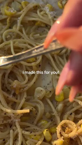 Katie’s corn pasta: This is a pasta of constant care & attention — a corny summer spaghetti love affair 🌽 1. Start with a shallow pan but large circumference  2. Add corn to a medium high heat with very light olive oil- don’t stir - we want to brown the corn a little 3. Once it’s starting to get a little char moment… turn it, add fresh cracked black pepper and turn the heat down to medium & add a 1/2 stick of butter to the pan, let it sauté for a few minutes  4. Add your dry pasta directly into this pan. If you don’t have a wide enough pan for the spaghetti to fully fit, now is when you’ll commit the sacrilegious breaking of the spaghetti - just close your eyes and do it. Add it to the pan 5. Add a 1/2 cup of water, stir  6. Open your chicken broth and set aside  7. Cover & let it simmer on medium, the noodles won’t cook as quickly as they would in boiling water - checking on the pasta consistently for al dente noodles  8. As the liquid gets low because absorbed by pasta, your noodles won’t be ready yet, keep adding in chicken broth, letting it absorb, and re adding until your sauce is the right amount of thickness and there’s enough of it, and the noodles are al dente which takes about 7-9 mins in boiling temps… this is different because it’s not submerged in boiling water so it tends to take a little longer, remember that every time you add a liquid, it cools the pan down. Your goal: this needs to be buttery and saucy. No one wants a dry noodle. So keep adding liquid so at the end you have al dente noodles with a sauce in the bottom. You’ll use up to 8oz of chicken broth. I used Swanson and rec you do too 9. Add the juice from a full fresh lemon directly in and stir 10. Once the noodles are al dente and the there is nothing but pasta, corn, and sauce left in the pan… turn off the heat and add in a little parmigiano reggiano, stir 11. Plate the pasta making sure to get corn and sauce, add more parm and then MIX the pasta and parm in the plate  12. Then top w additional fresh cracked pepper and a little drizzle of truffle oil Notice. Theres no added salt. Chicken broth and parm are both VERY salty. I found that it wasn’t needed… but to each their own. Make it the sea if you wish