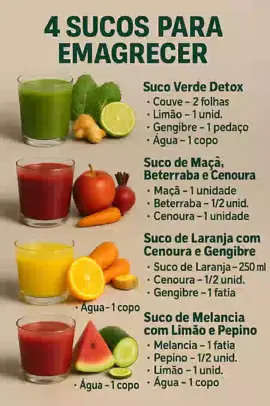 ✨ 4 RECEITAS DE SUCOS PARA EMAGRECER NATURALMENTE! 🍹🔥 Se você quer eliminar o inchaço, acelerar o metabolismo e desinchar de forma saudável, salva esse vídeo! ⠀ 🥬 Suco verde detox 🍎 Suco de maçã, beterraba e cenoura 🍊 Suco de laranja com cenoura e gengibre 🍉 Suco de melancia com melão e pepino ⠀ Fáceis de fazer, naturais e super refrescantes! 🌿 Comece hoje mesmo sua faxina interna!