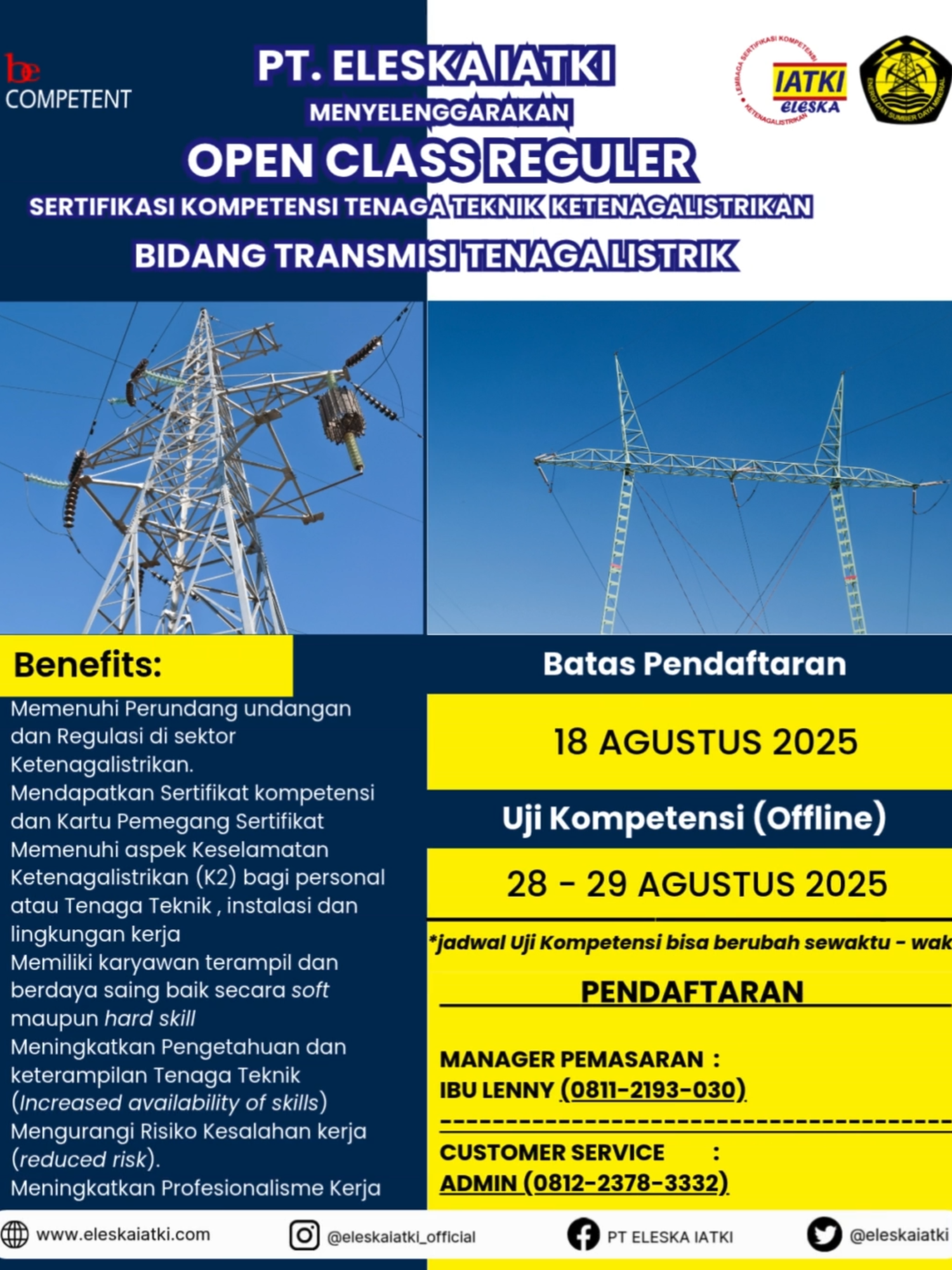 📢 Halo Engineers!   🔥 PT. ELESKA IATKI kembali menggelar Open Class Sertifikasi untuk kamu para tenaga teknik ketenagalistrikan!   🔌 Bidang: Transmisi Tenaga Listrik  🗓 Tanggal Pelaksanaan: 28 – 29 Agustus 2025   ✅ Lulus = Kompeten = Dapat Sertifikat Kompetensi + Kartu Pemegang Sertifikat   🎯 Tingkatkan legalitas dan daya saingmu di dunia kerja!  📍 Batas akhir pendaftaran: 18 Agustus 2025  💥 Kuota terbatas, jangan sampai kehabisan!    📞 Info biaya & pendaftaran:  Ibu Leni (Manager Pemasaran): 0811-2193-030  Customer Service (Chat Only): 0812-2378-3332   📲 Yuk, daftarkan dirimu sekarang dan jadi bagian dari SDM teknik yang tersertifikasi dan profesional! ⚡ #atkı #eleskaiatki #ketenagalistrikan #tenagateknik #lembagasertifikasi #lembagasertifikasikompetensi #sertifikatkompetensi #sertifikasikompetensi #ISO90012015 #ISO50012018 #openclass #openclasstransmisi