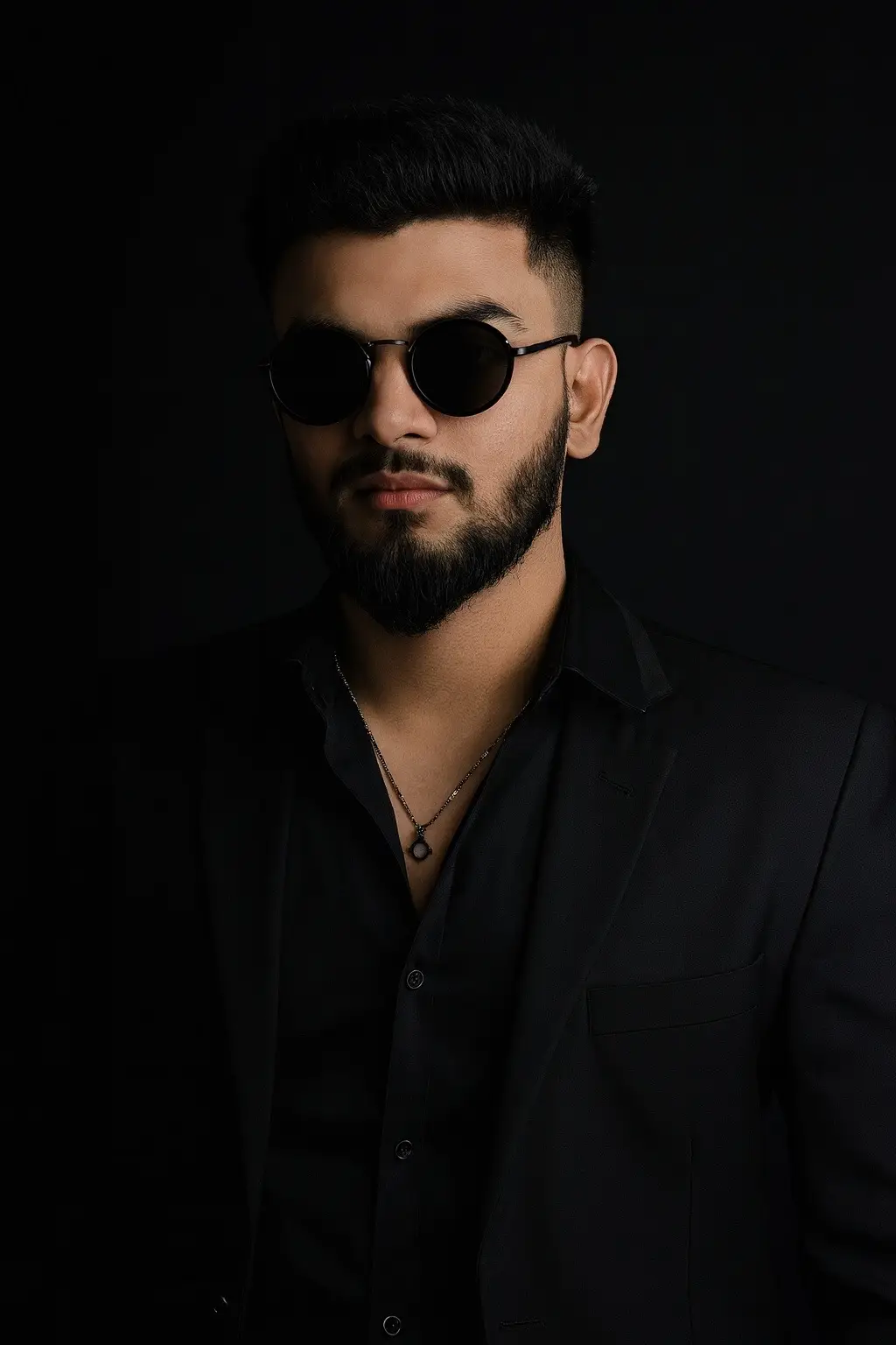 A stylish young years 19 Boy in a sleek all-black outfit posing confidently against a dark background. He is wearing a fitted black suit with a black shirt slightly unbuttoned, revealing a thin silver necklace with a small geometric pendant. He has a modern, voluminous hairstyle and wears dark round sunglasses. The lighting is dramatic, highlighting his sharp jawline and smooth skin, with a moody, high-fashion editorial vibe. #creatorsearchinsights #chatgpt #prompt #photography #ai #100kviews #photo #aigenerated #fyppppppppppppppppppppppp 